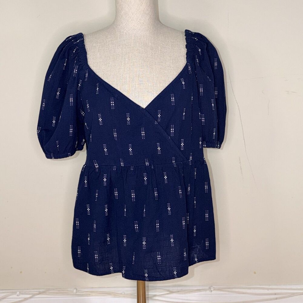 Madewell Jacquard Puff Sleeve Smocked Empire Top Blue M EUC Babydoll Peasant